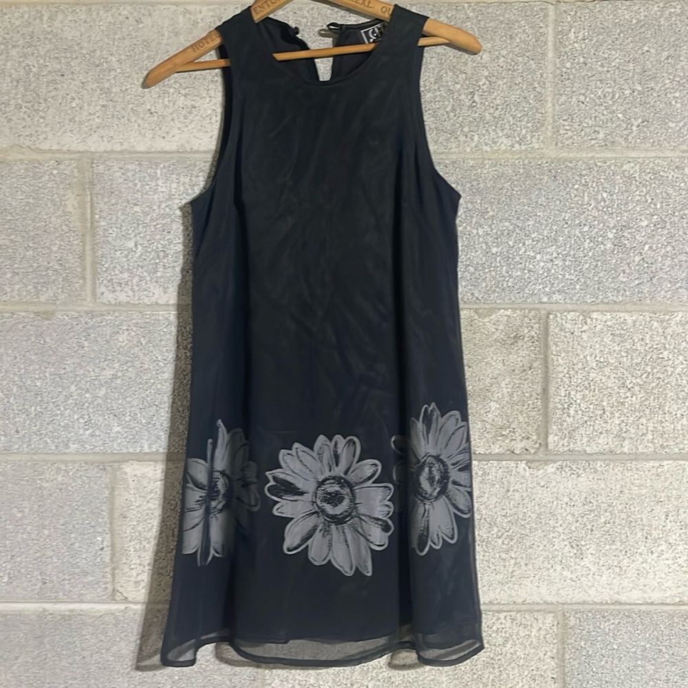 Petite City Triangles XS Black Sheer Over Black Satin Mini Dress With Flowers